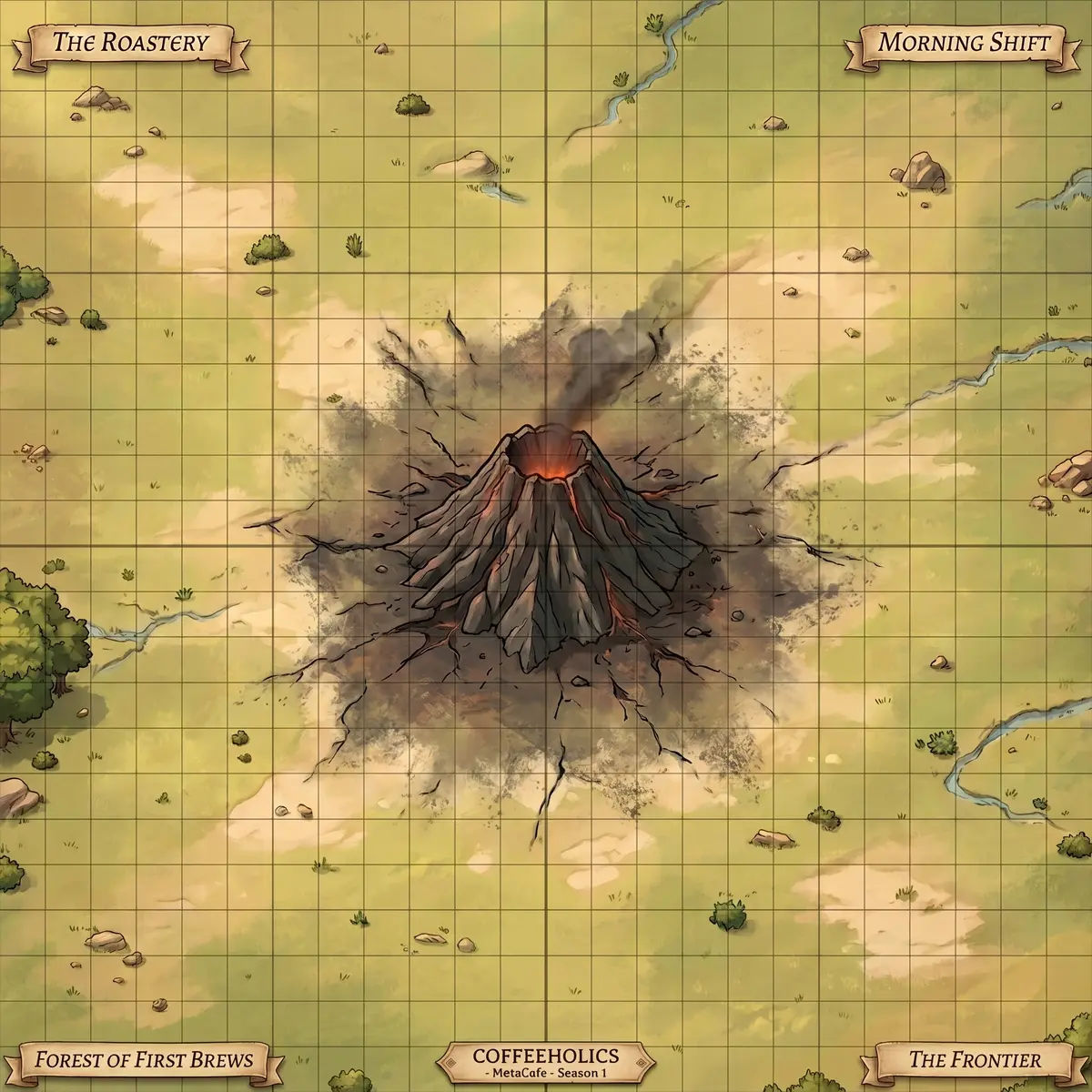 The in-game board — a square coordinate map with named regions around the volcano.