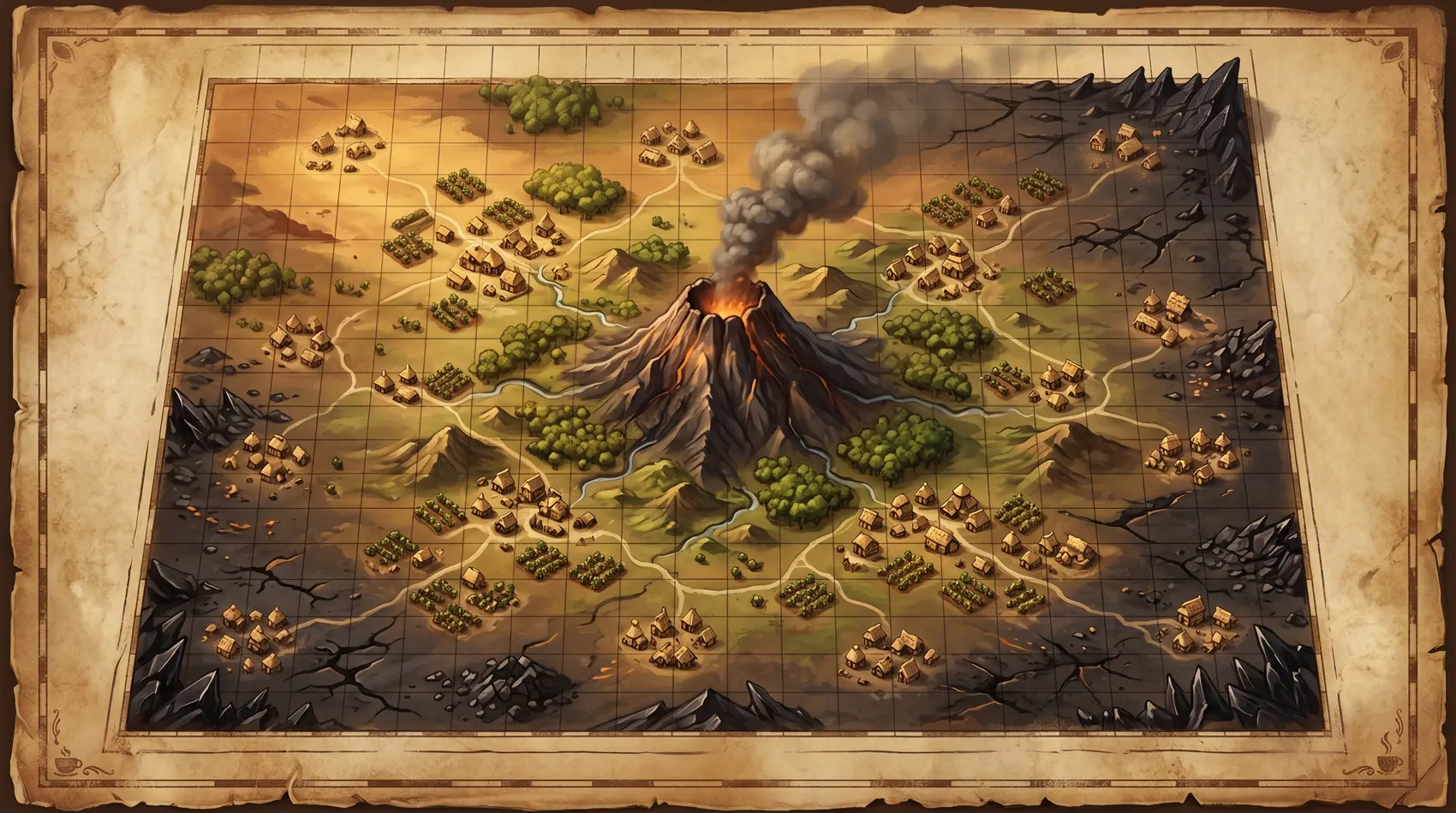 The Coffeeholics world — a parchment campaign map: a grid of village clusters and rivers ringing a smoking central volcano.